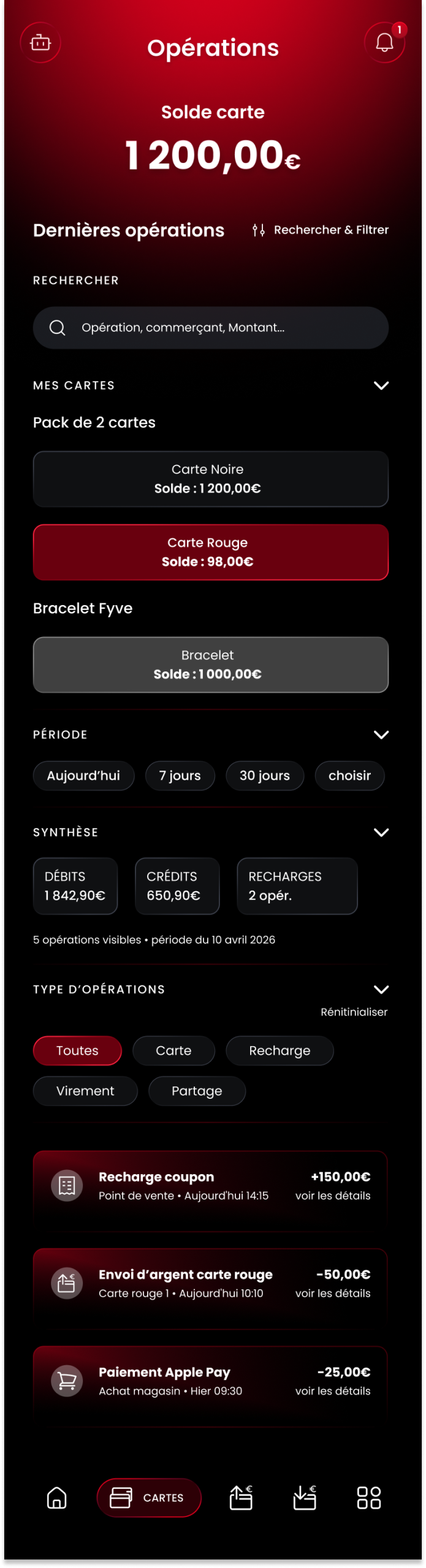 Écrans de l'application Transcash