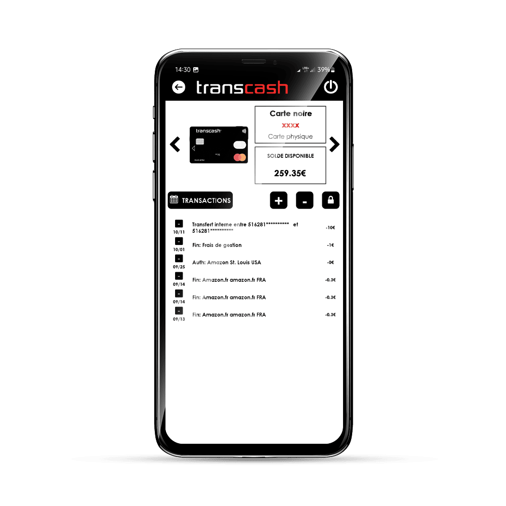 Relevé de comptes application Transcash Mastercard